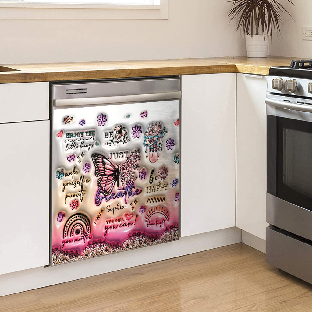 Positive Affirmationen Schmetterling – Personalisierter Geschirrspülerdeckel mit Schmetterlingsmotiv