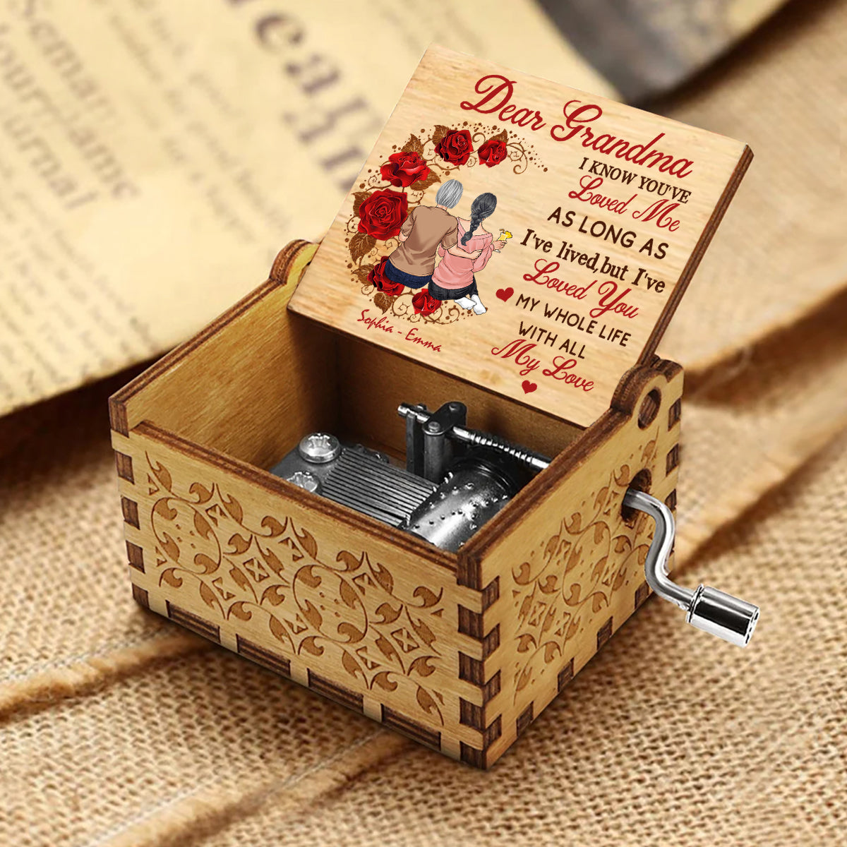 Mama, ich hab dich lieb – Geschenk für Mama, Oma, Ehemann, Ehefrau, Tante, Schwester, Bruder – Personalisierte Spieluhr mit Handkurbel