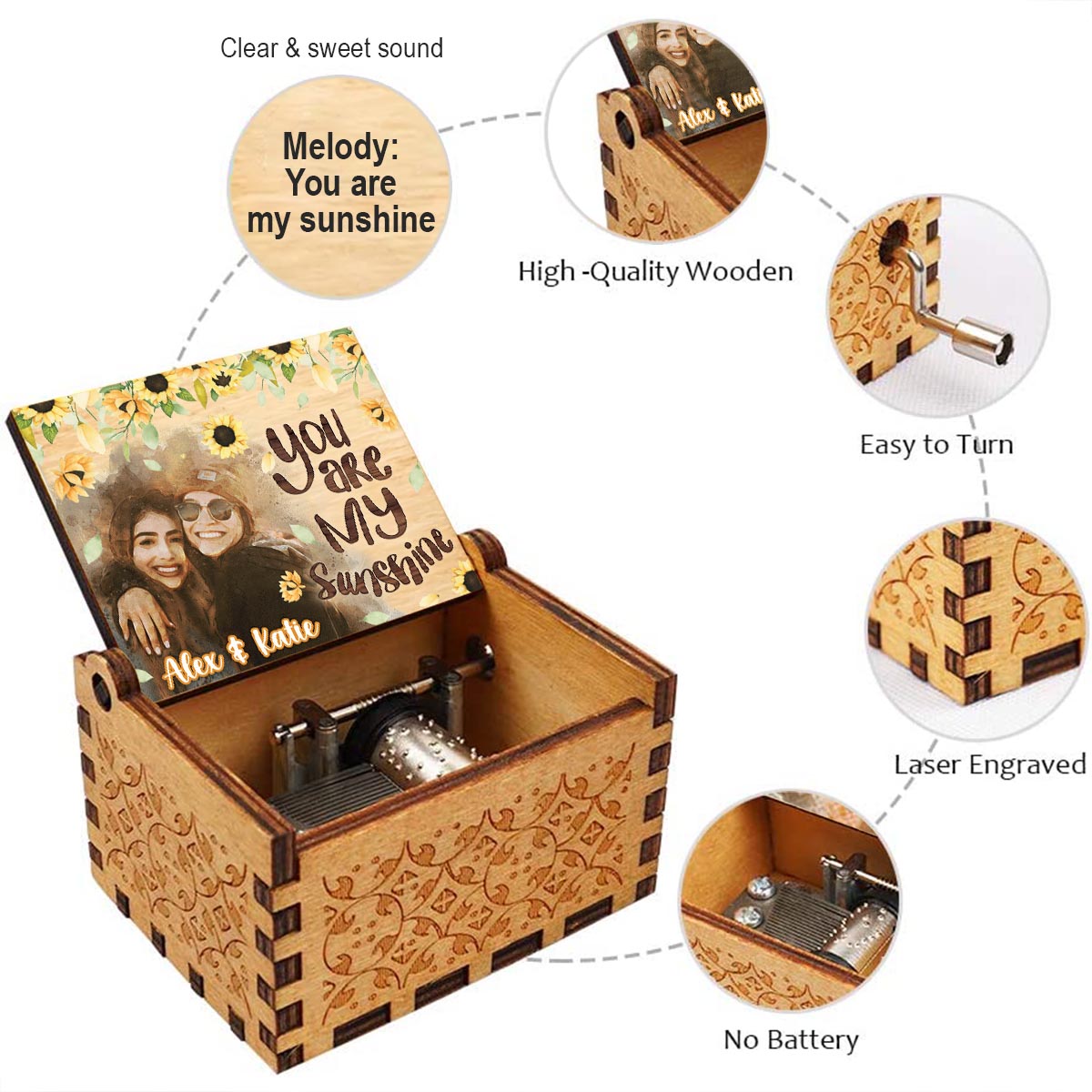 Du bist mein Sonnenschein – Personalisierte Spieluhr mit Handkurbel für beste Freundinnen