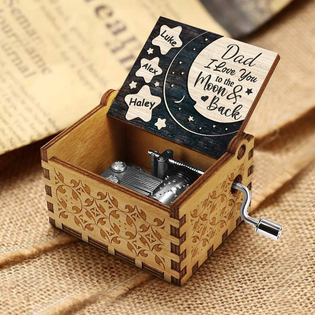 Ich liebe dich bis zum Mond und zurück – Geschenk für Mama, Oma, Papa, Opa – Personalisierte Spieluhr mit Handkurbel