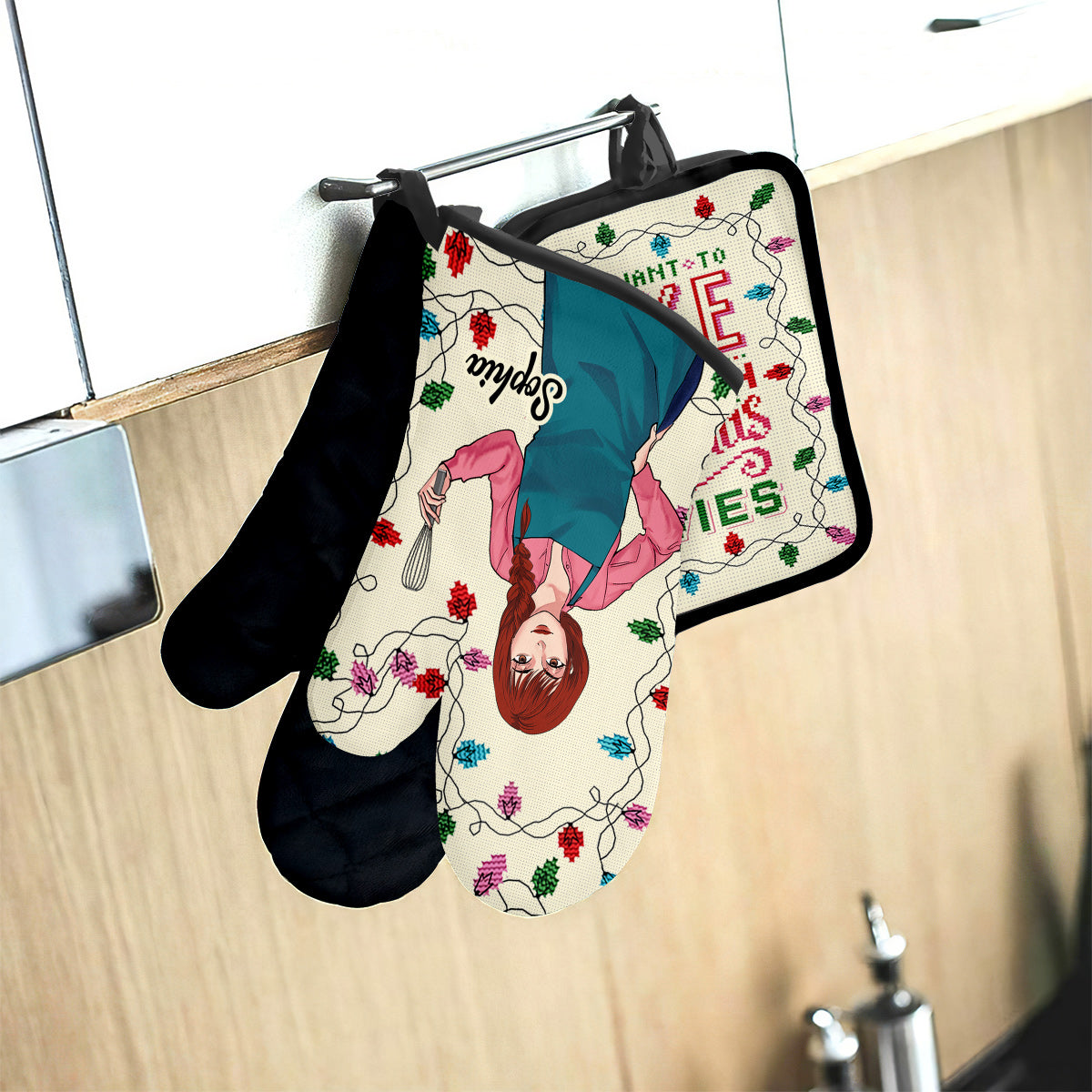 Ich will einfach nur backen und Weihnachtsfilme schauen – Personalisiertes Backhandschuh- und Topflappen-Set