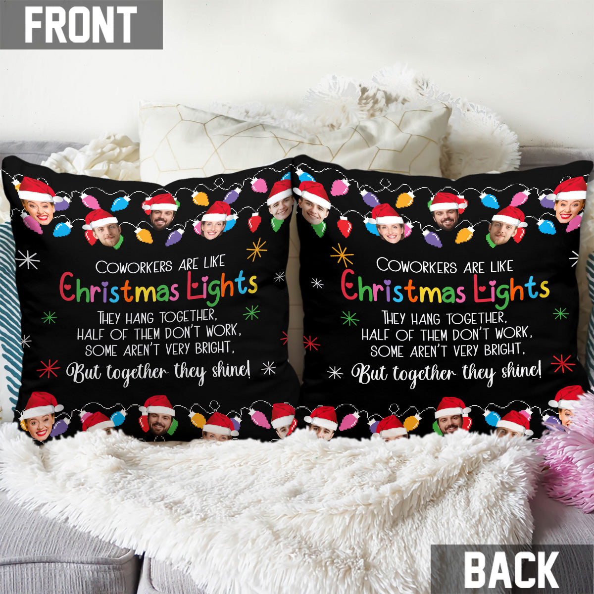 Kollegen sind wie Weihnachtslichter – zusammen leuchten sie – personalisiertes Kissen für Kollegen