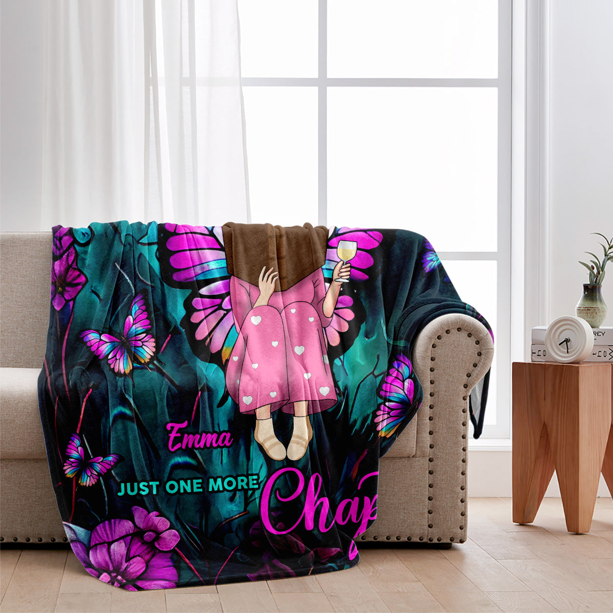 Buchmädchen mit Schmetterlingen und Blumen – personalisierte Buchdecke