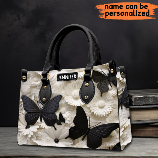 Elegant Black And White Butterflies And Flowers - Personalized Butterfly Leather Handbag