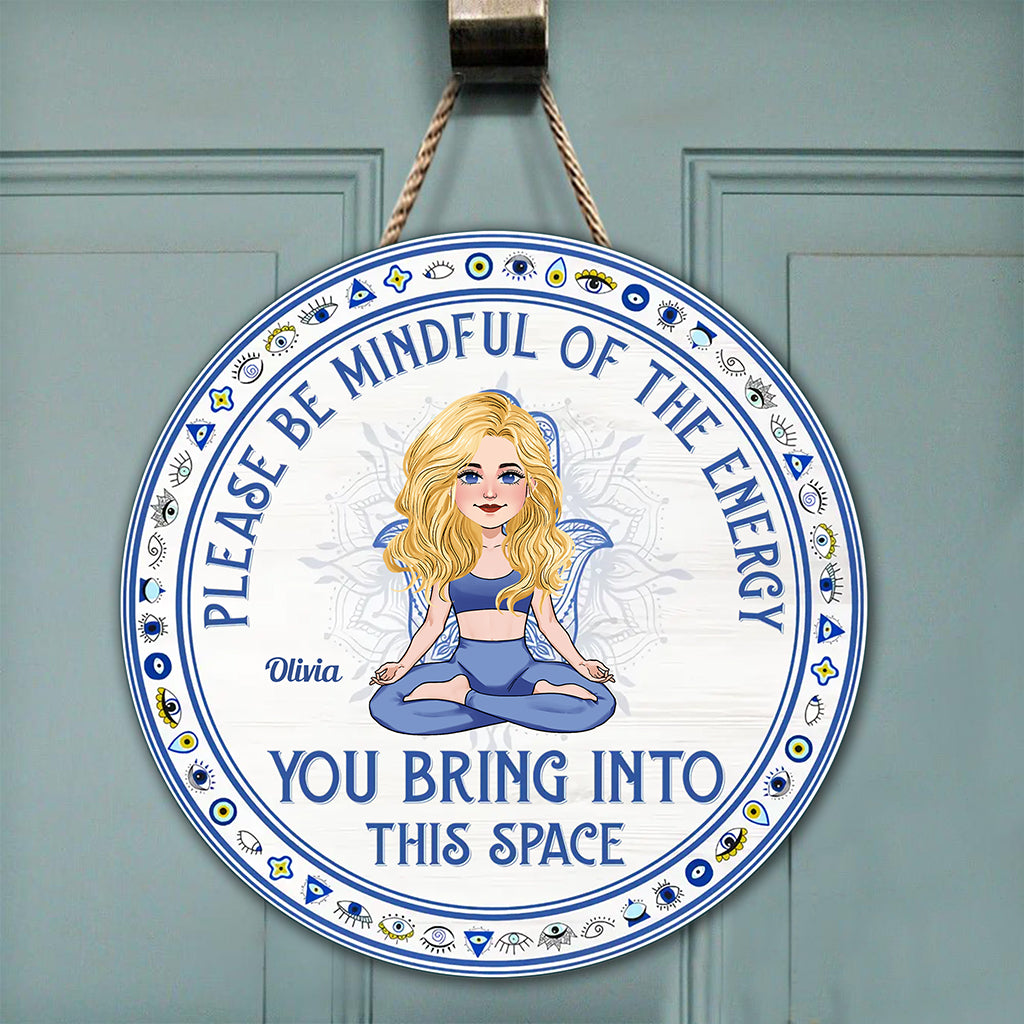 Please Be Mindful - Personalized Yoga Round Wood Sign