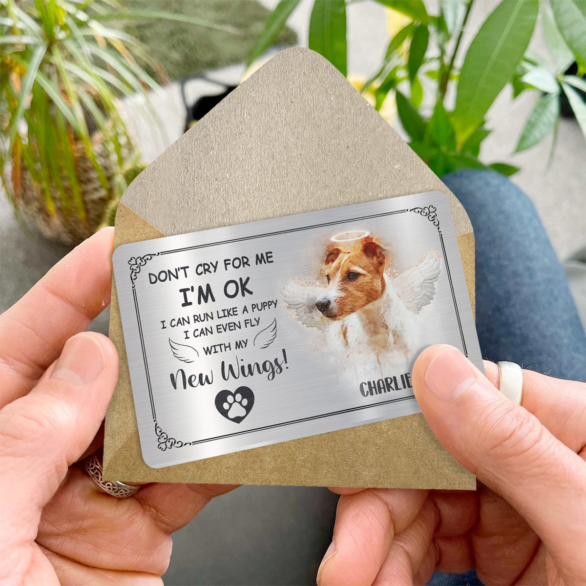 Weine nicht um mich, mir geht es gut – Personalisierte Einlegekarte für die Hunde-Geldbörse
