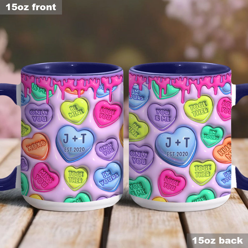 Beliebiger Name, beliebiges Datum, buntes, aufgeblasenes Herz – personalisierte Tasse für Paare