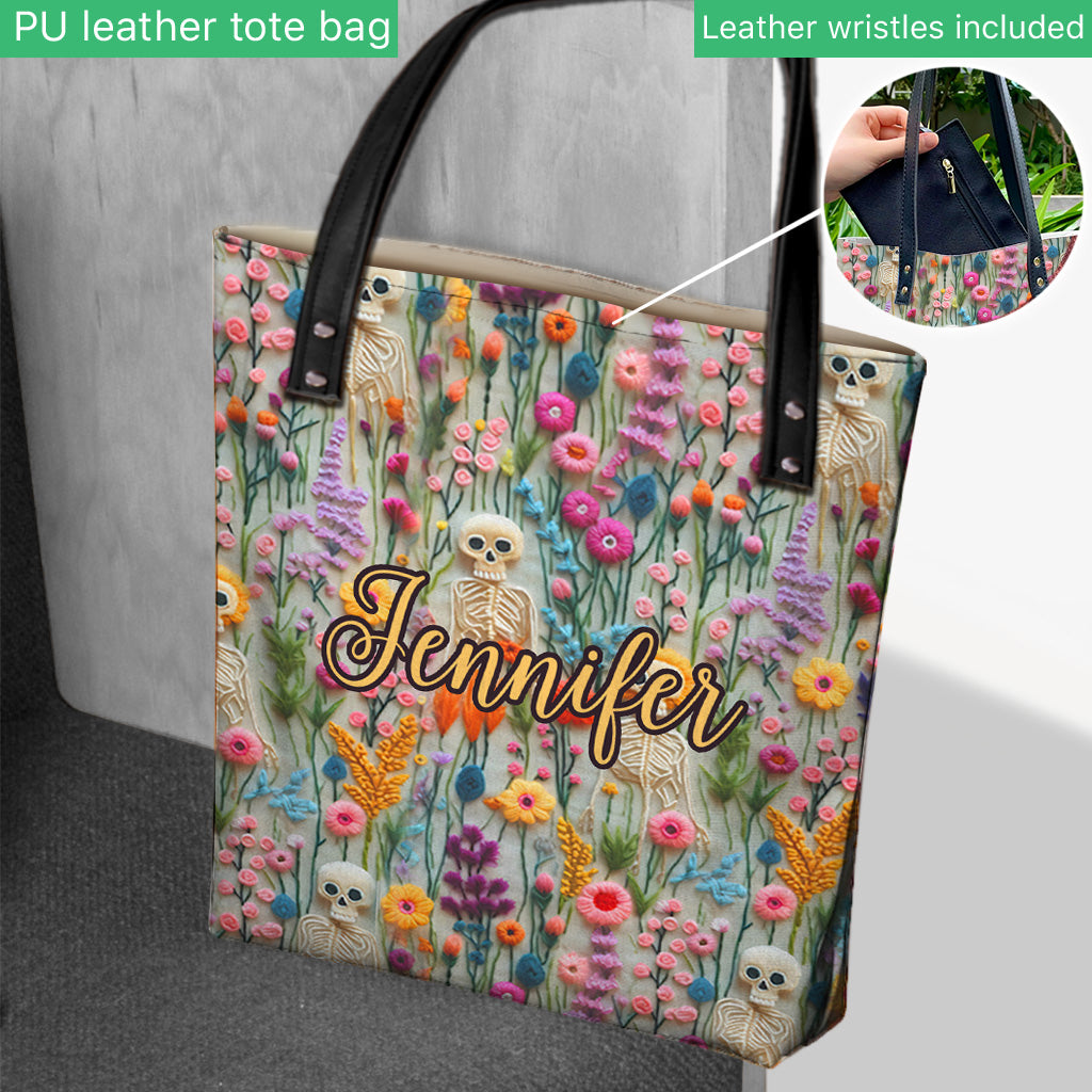 Personalisierte Totenkopf-Tragetasche mit Blumen-Skelett-Motiv