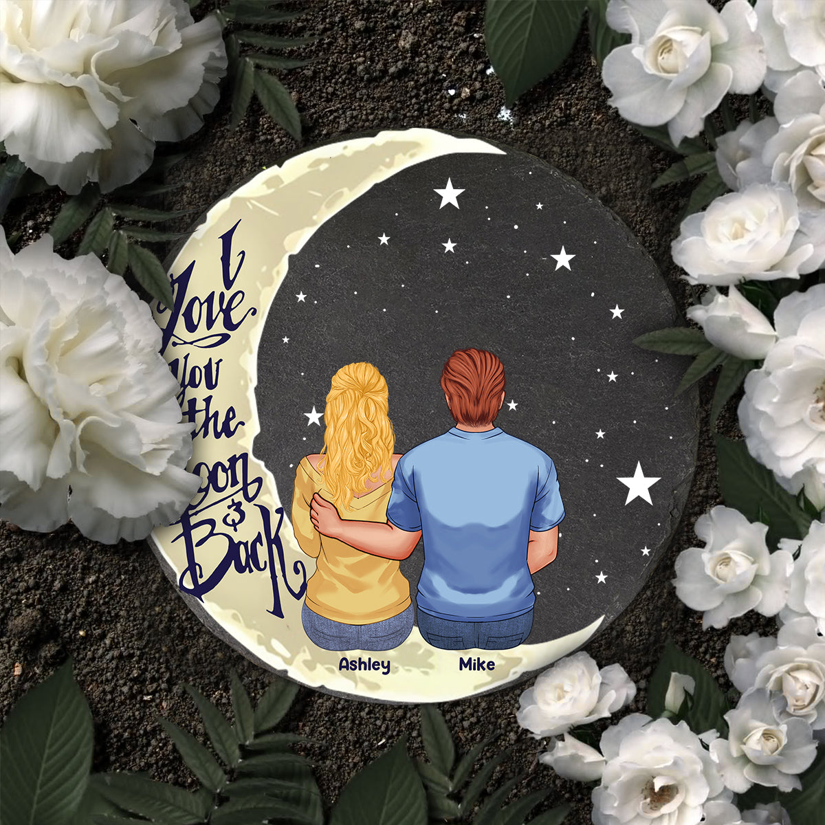 Ich liebe dich bis zum Mond und zurück – Personalisierter runder Stein für Paare