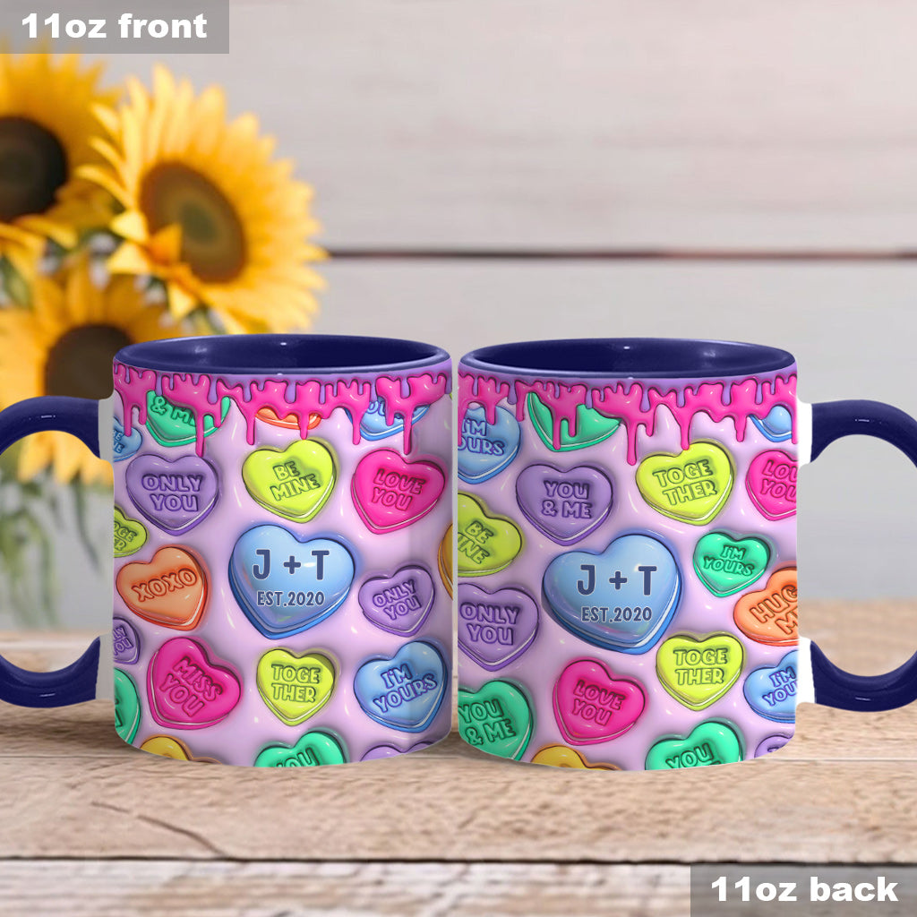 Beliebiger Name, beliebiges Datum, buntes, aufgeblasenes Herz – personalisierte Tasse für Paare
