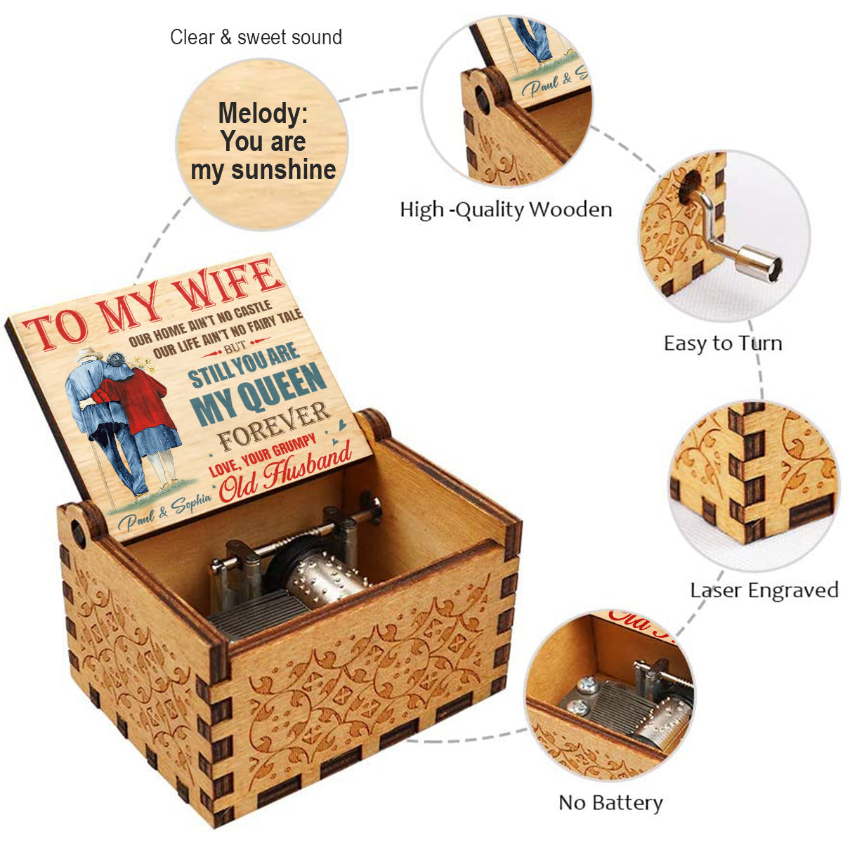 Du bist für immer meine Königin – Personalisierte Spieluhr für Paare mit Handkurbel