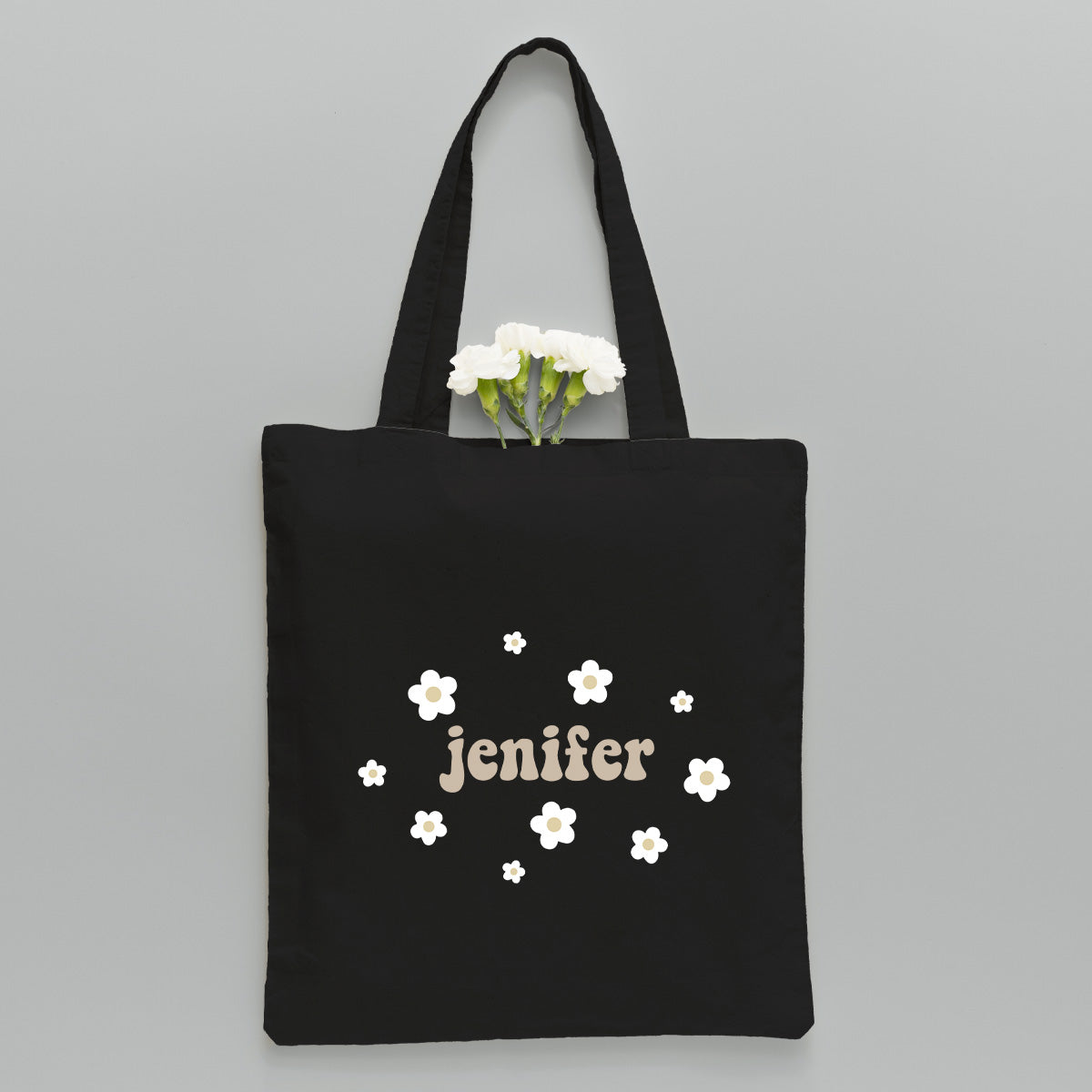 Personalisierte Tragetasche mit Namensstickerei und Blume – Geschwister-Stickerei