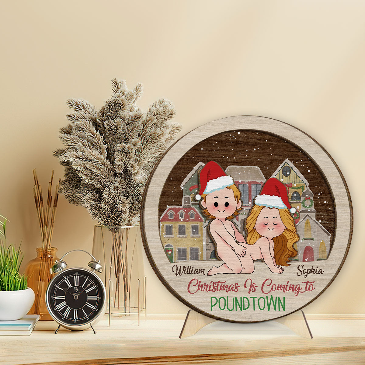 Fröhliche Weihnachten in Poundtown – Geschenk für Freundin, Freund, Ehemann, Ehefrau – Personalisiertes zweilagiges Holzschild / Holzplakette