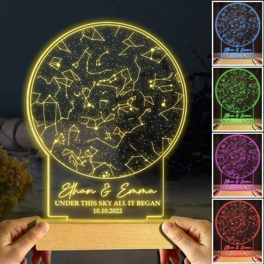 Unter diesem Himmel begann alles – personalisierte Leuchte mit Plakettensockel in Form eines Ehepaares