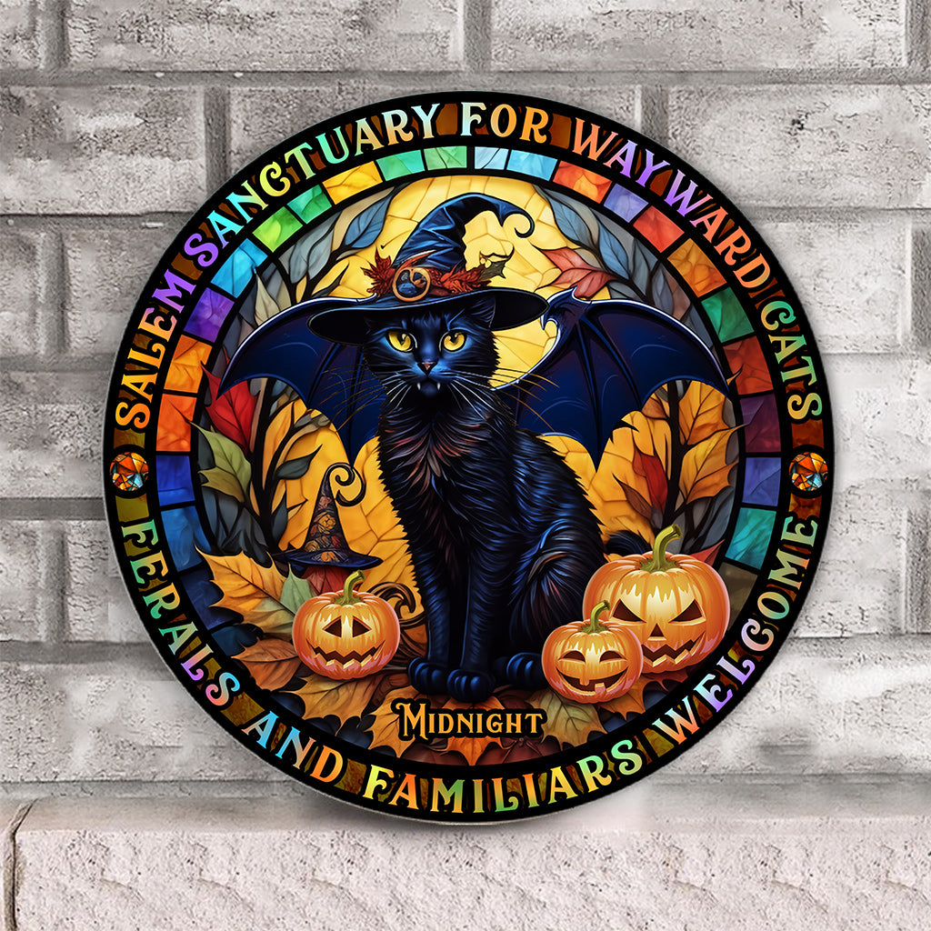 Salem Sanctuary für heimatlose Katzen – Personalisiertes rundes Holzschild mit schwarzer Katze