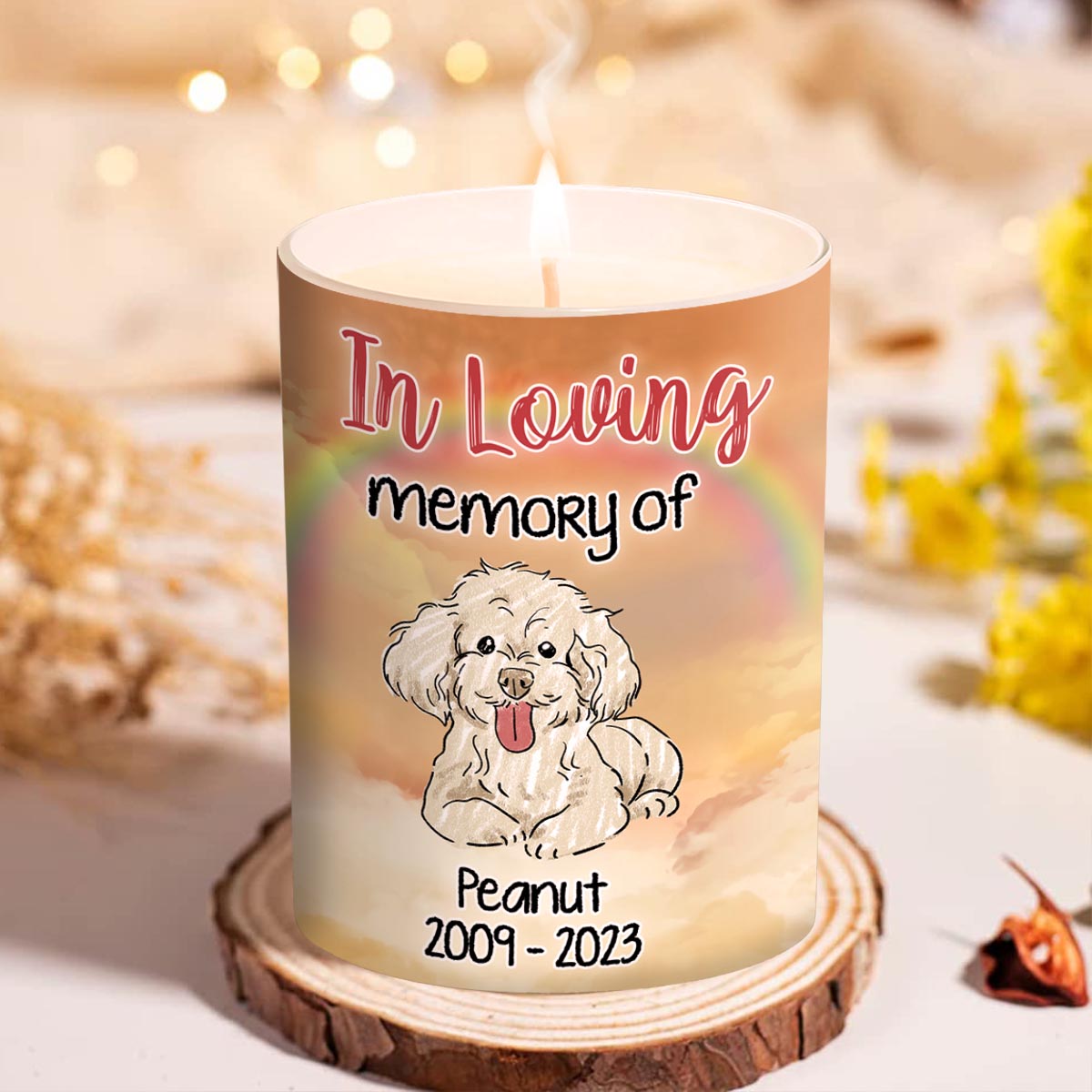 Dein Licht leuchtet in unseren Herzen – personalisierte Hundekerze mit Holzdeckel