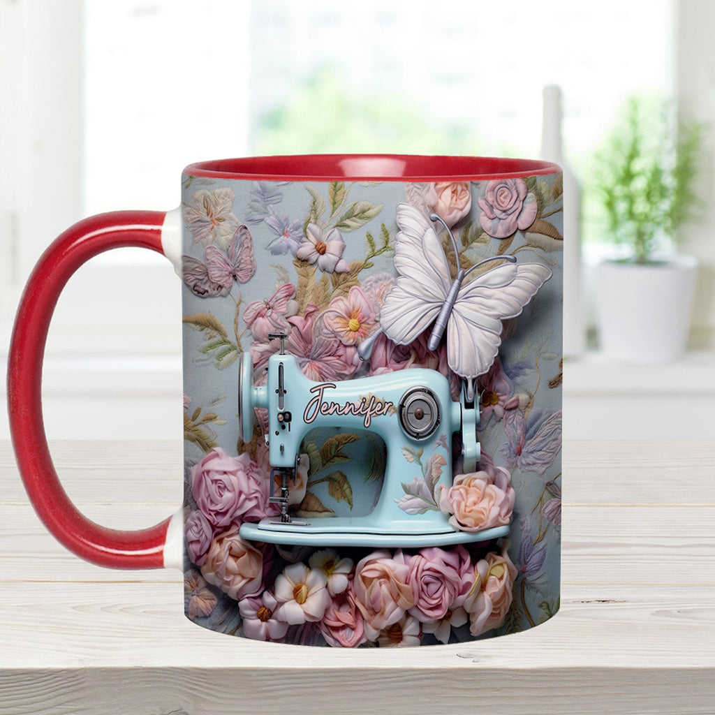 Nähmaschine mit Blumenmuster – personalisierte Tasse mit Nähdekor