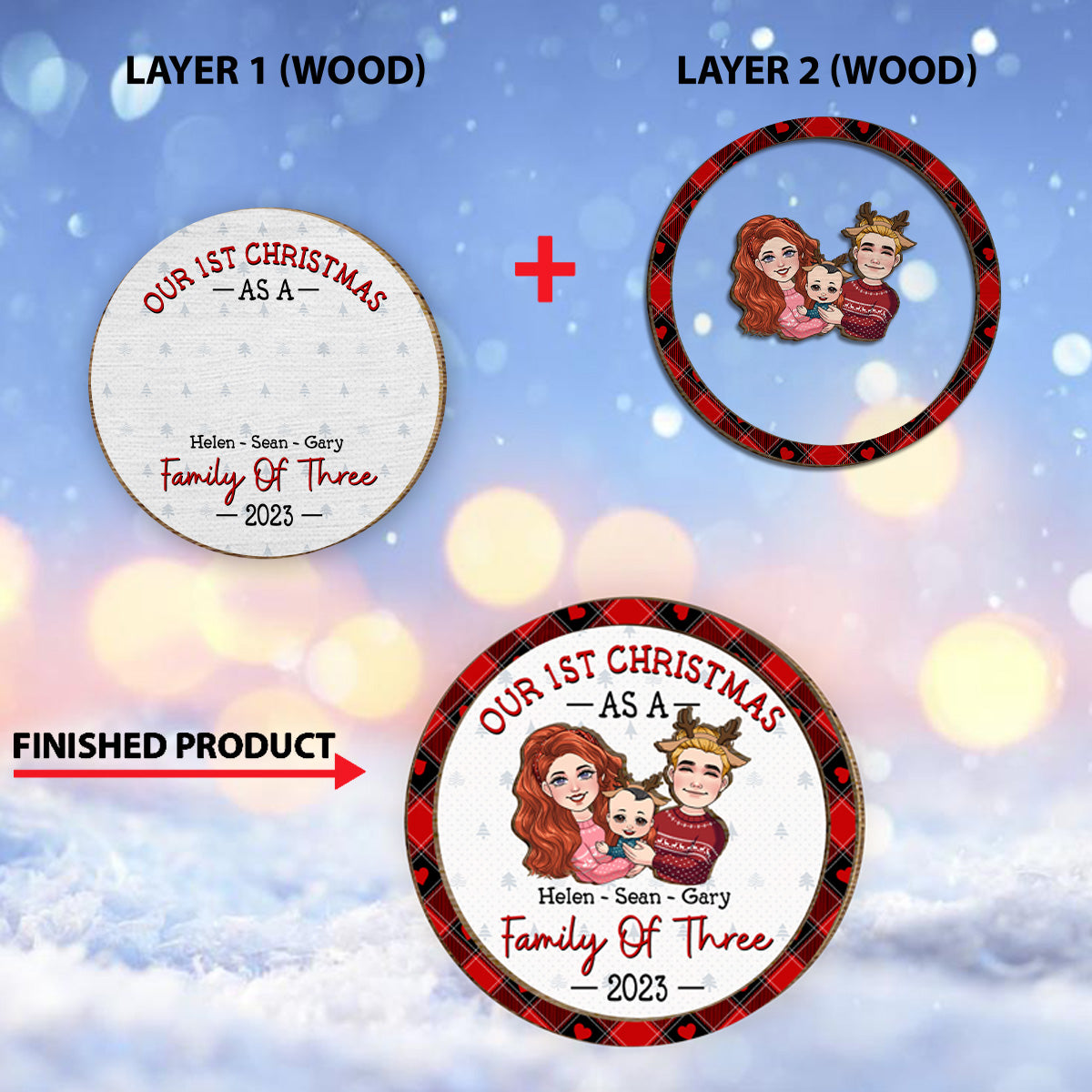 Erstes Weihnachtsfest zu dritt – Geschenk für Neugeborene – Personalisiertes zweilagiges Holzschild / Holzplakette