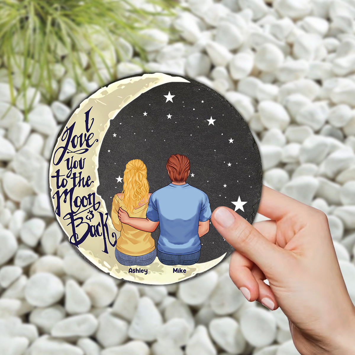 Ich liebe dich bis zum Mond und zurück – Personalisierter runder Stein für Paare