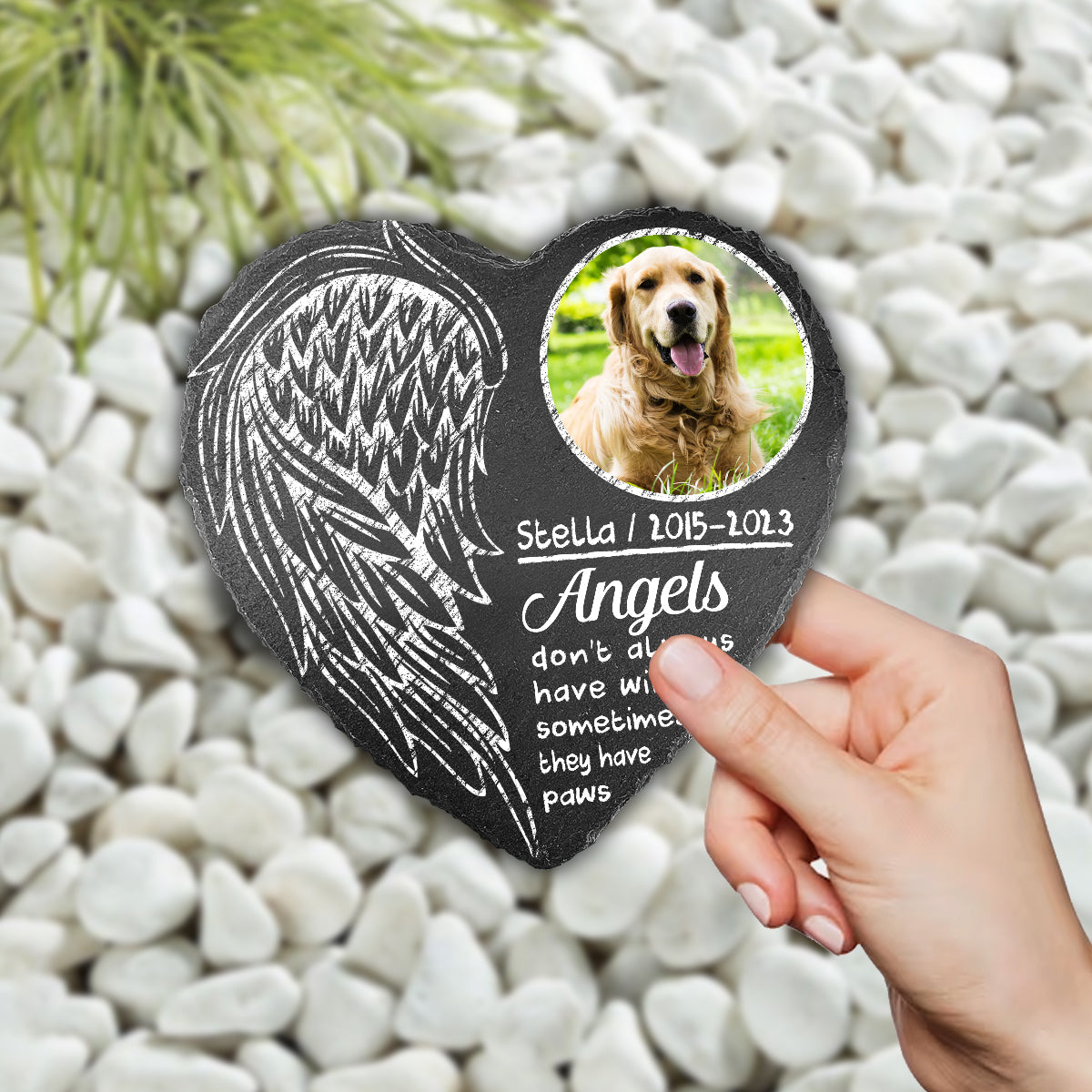 Engel haben nicht immer Flügel – personalisierter herzförmiger Stein für Hunde