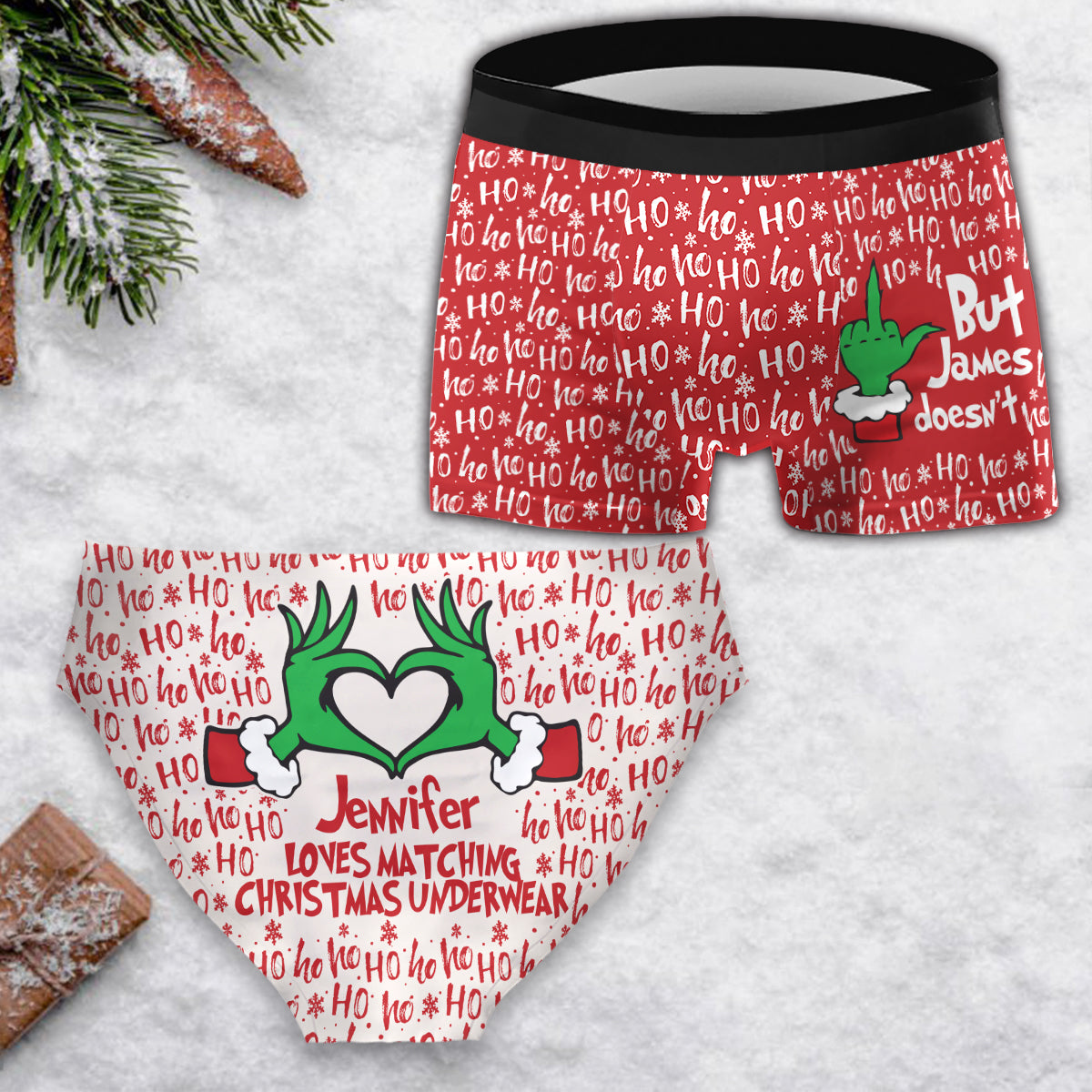 Passende Weihnachtsunterwäsche für Paare – personalisierte Damen-Slips und Herren-Boxershorts