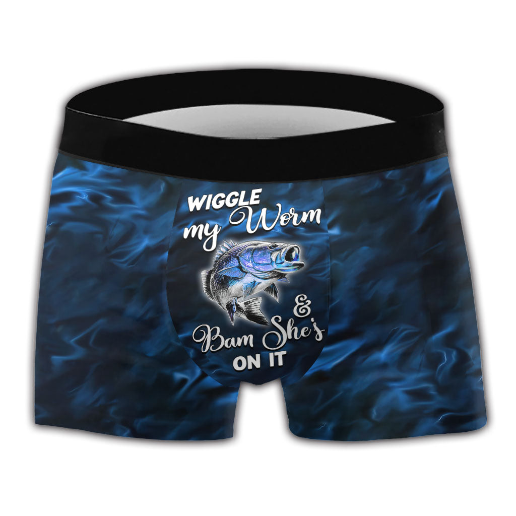 Wackel mit meinem Wurm und zack, sie ist dran – personalisierte Angel-Boxershorts für Herren