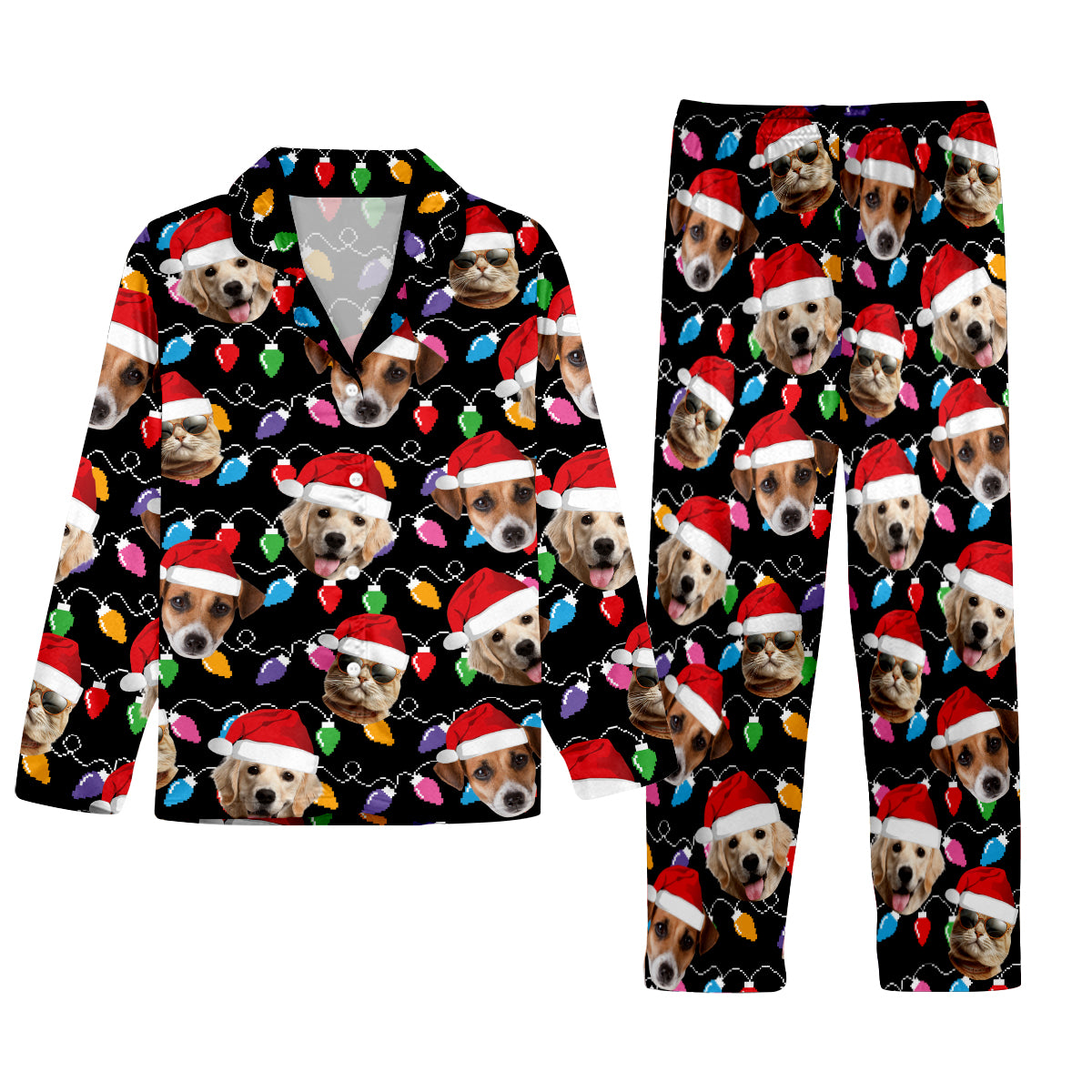 Beliebiges Foto hochladen Bunte Weihnachtsbeleuchtung - Personalisierter Hunde-Pyjama mit Knöpfen
