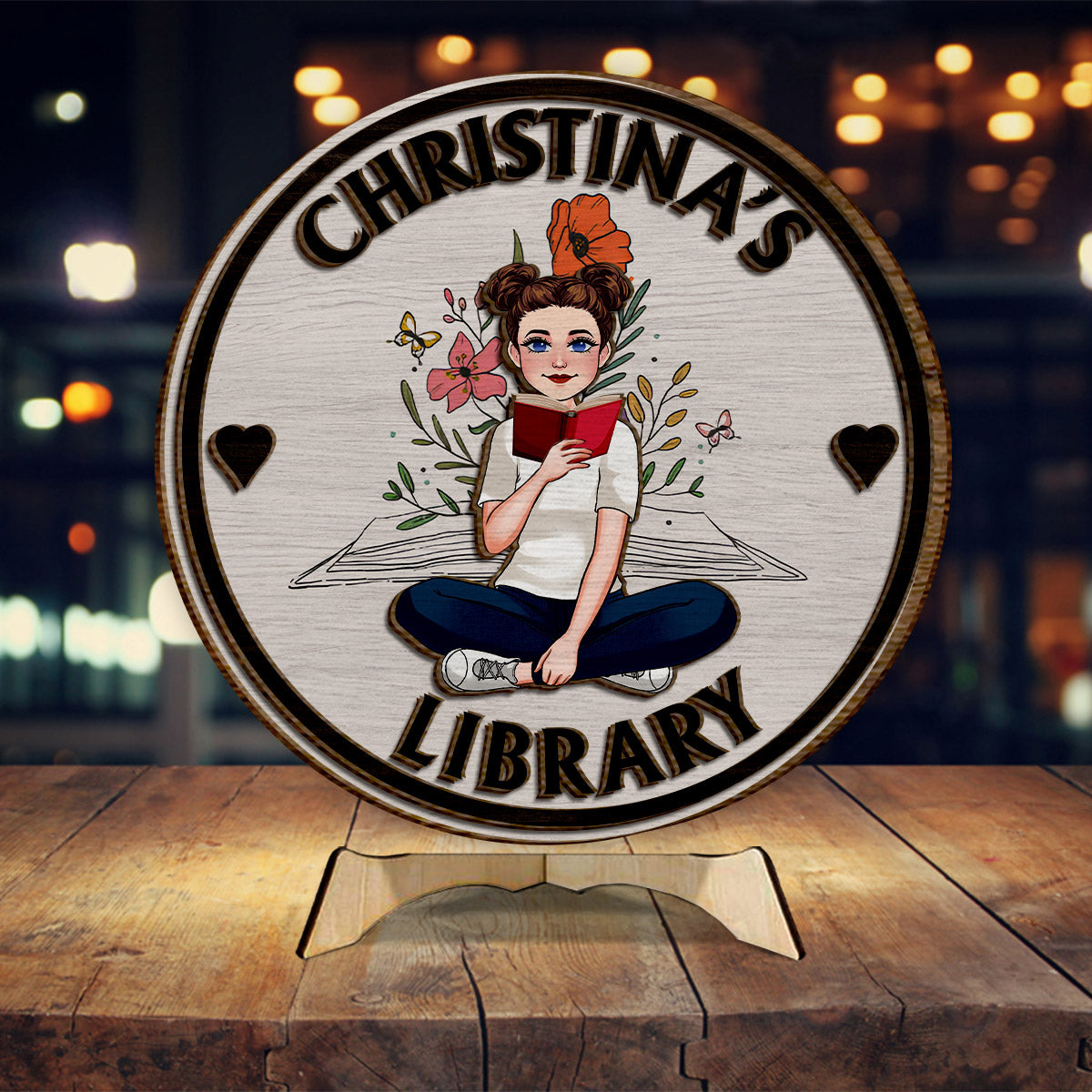 Meine Bibliothek – Personalisiertes Buch, 2-lagiges Holzschild / Holzplakette