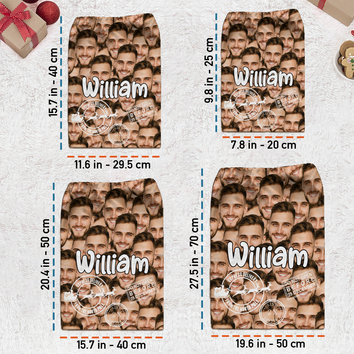 Weihnachtssonderlieferung mit niedlichen Gesichtern – personalisierte Familien-Weihnachtstasche