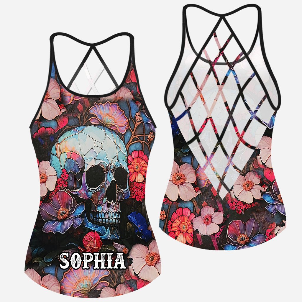 Totenkopf mit Blumenmuster – Personalisiertes Tanktop mit Totenkopfkreuz