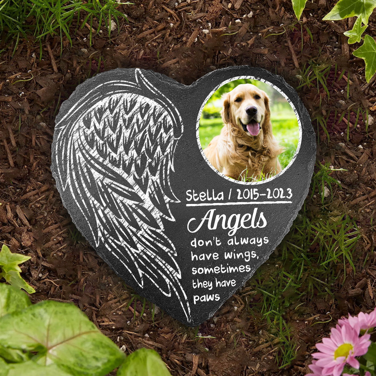 Engel haben nicht immer Flügel – personalisierter herzförmiger Stein für Hunde