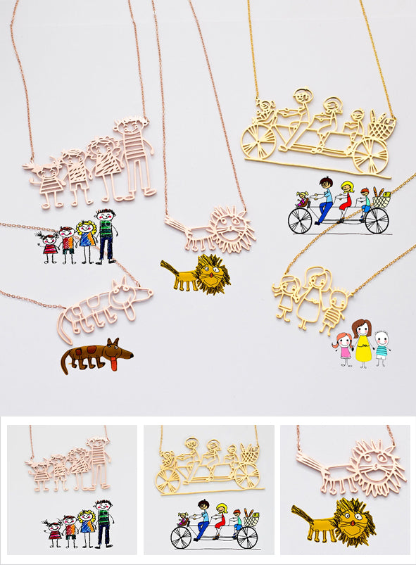 Kids Drawing Necklace - Personalized Family Custom Shaped Pendant