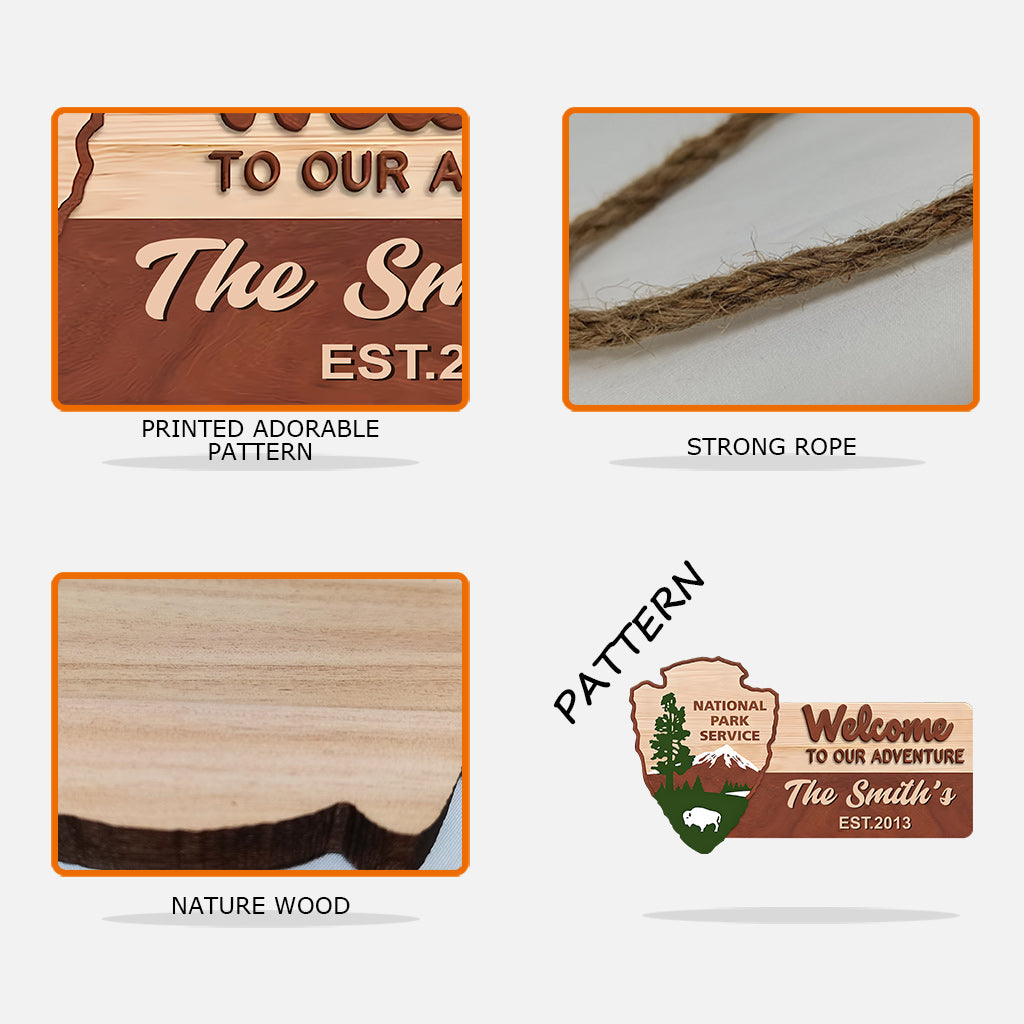 Willkommen zu unserem Abenteuer – personalisiertes Wanderschild aus Holz in individueller Form