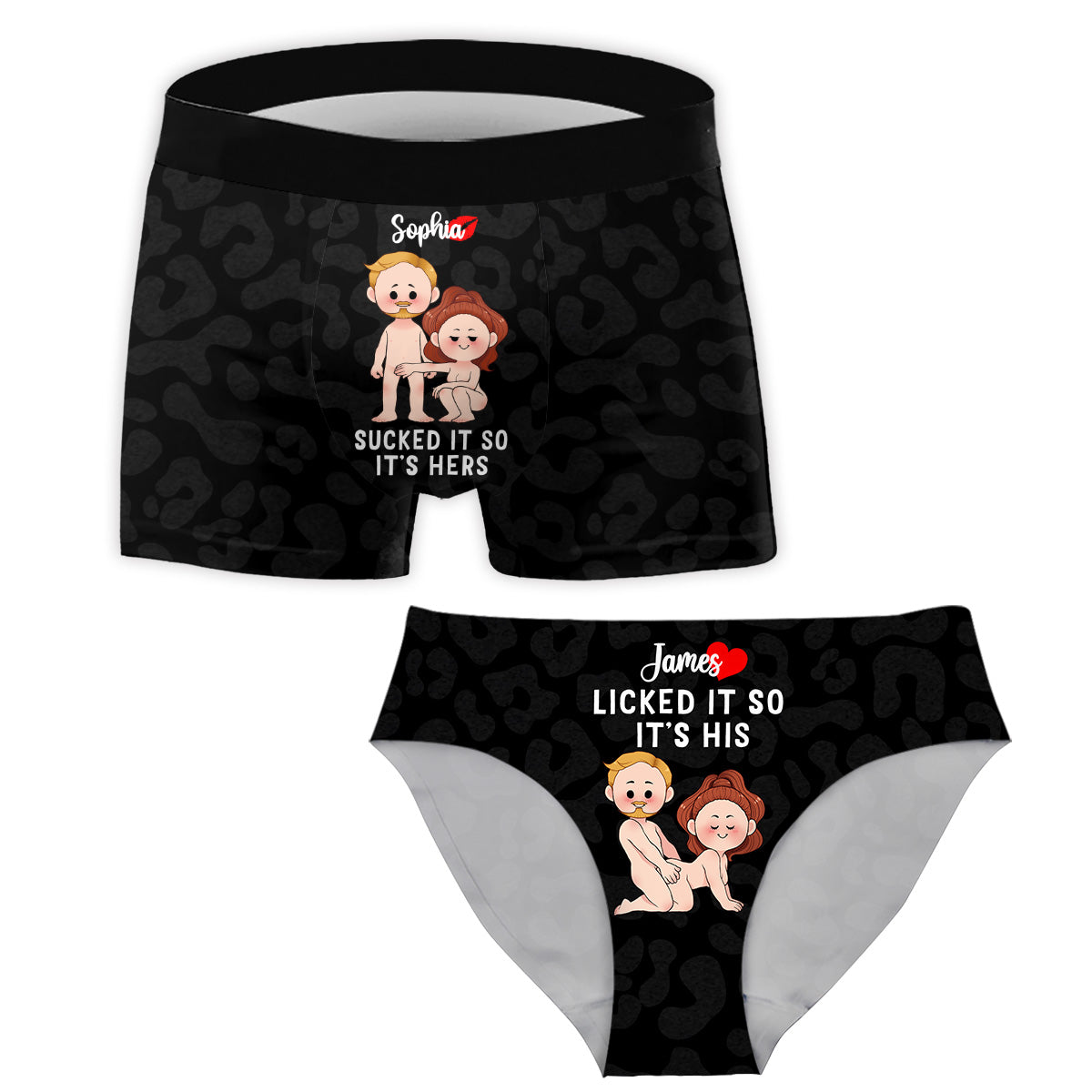 Sie hat ihn gelutscht, also gehört er ihr, und er hat ihn geleckt, also gehört er ihm – personalisierte Damen-Slips und Herren-Boxershorts für Paare