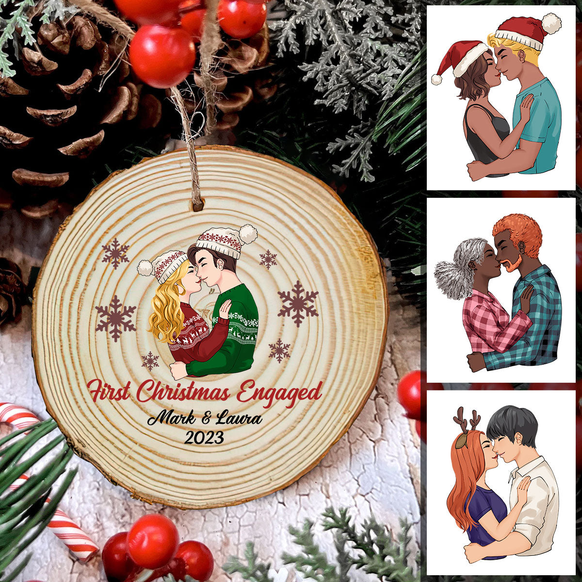 Erstes Weihnachtsfest zur Verlobung – Geschenk für Freund/Freundin – Personalisierter Holzschmuck aus einer Scheibe