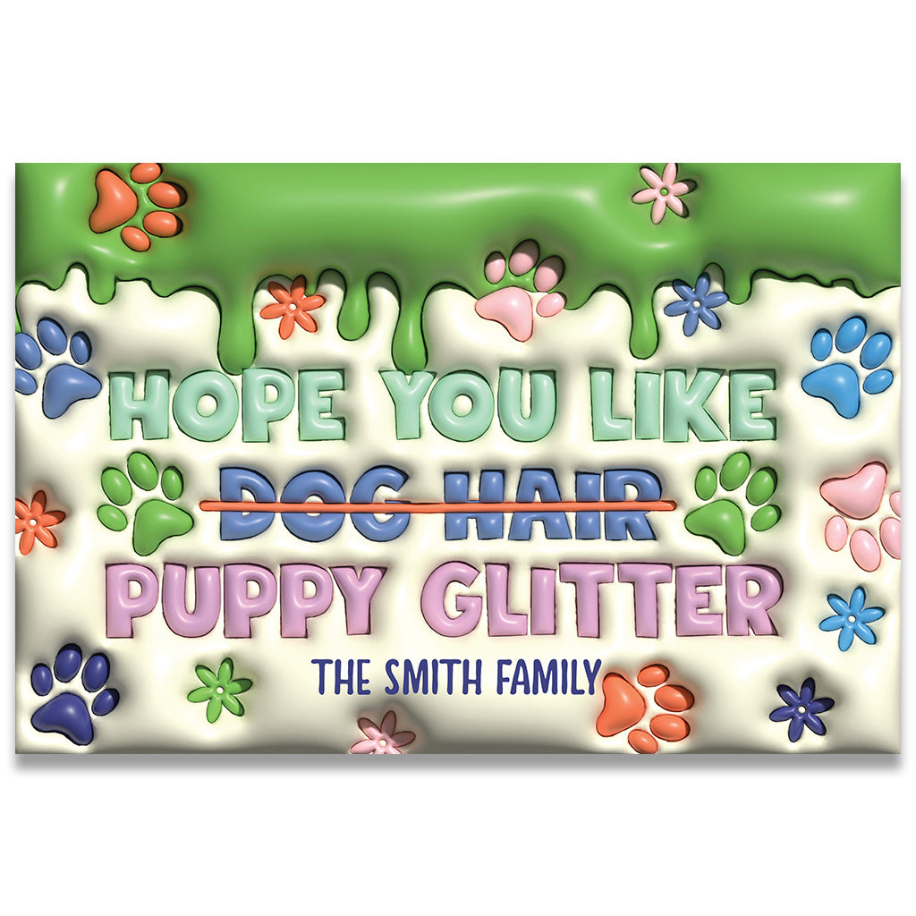 Hoffentlich gefällt dir die personalisierte Hunde-Fußmatte mit Glitzer aus Hunde- und Katzenhaaren – perfekt für unterwegs!