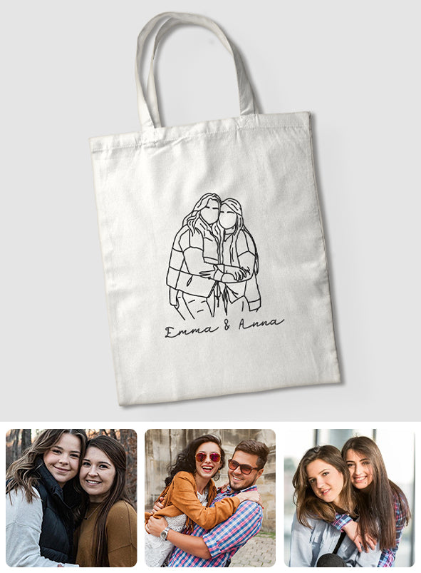 Individuelle Foto-Linienzeichnung – Personalisierte bestickte Tragetasche für die beste Freundin