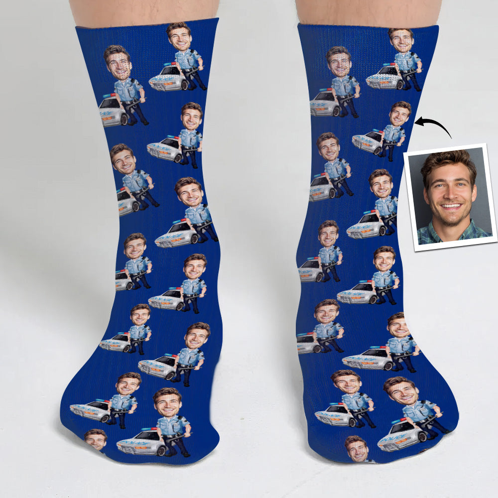Cartoon-Foto eines Polizisten – Personalisierte Socken mit Polizeimotiv