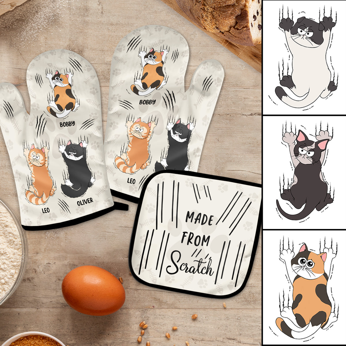 Handgemachtes Set aus personalisierten Topflappen und Ofenhandschuhen mit Katzenmotiv