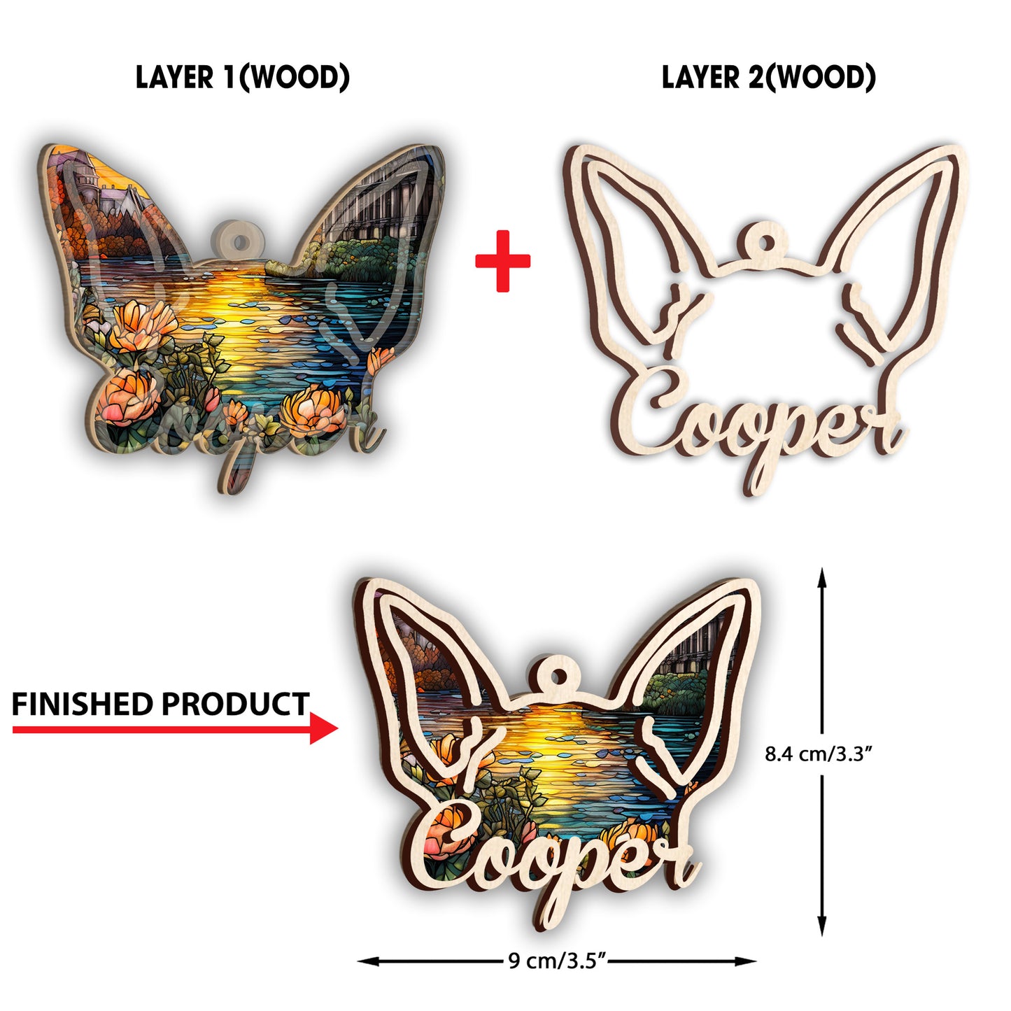 Hundeohren – Geschenk für Hunde- und Katzenliebhaber, für alle, die einen Hund oder eine Katze verloren haben – Personalisierter, zweilagiger Anhänger