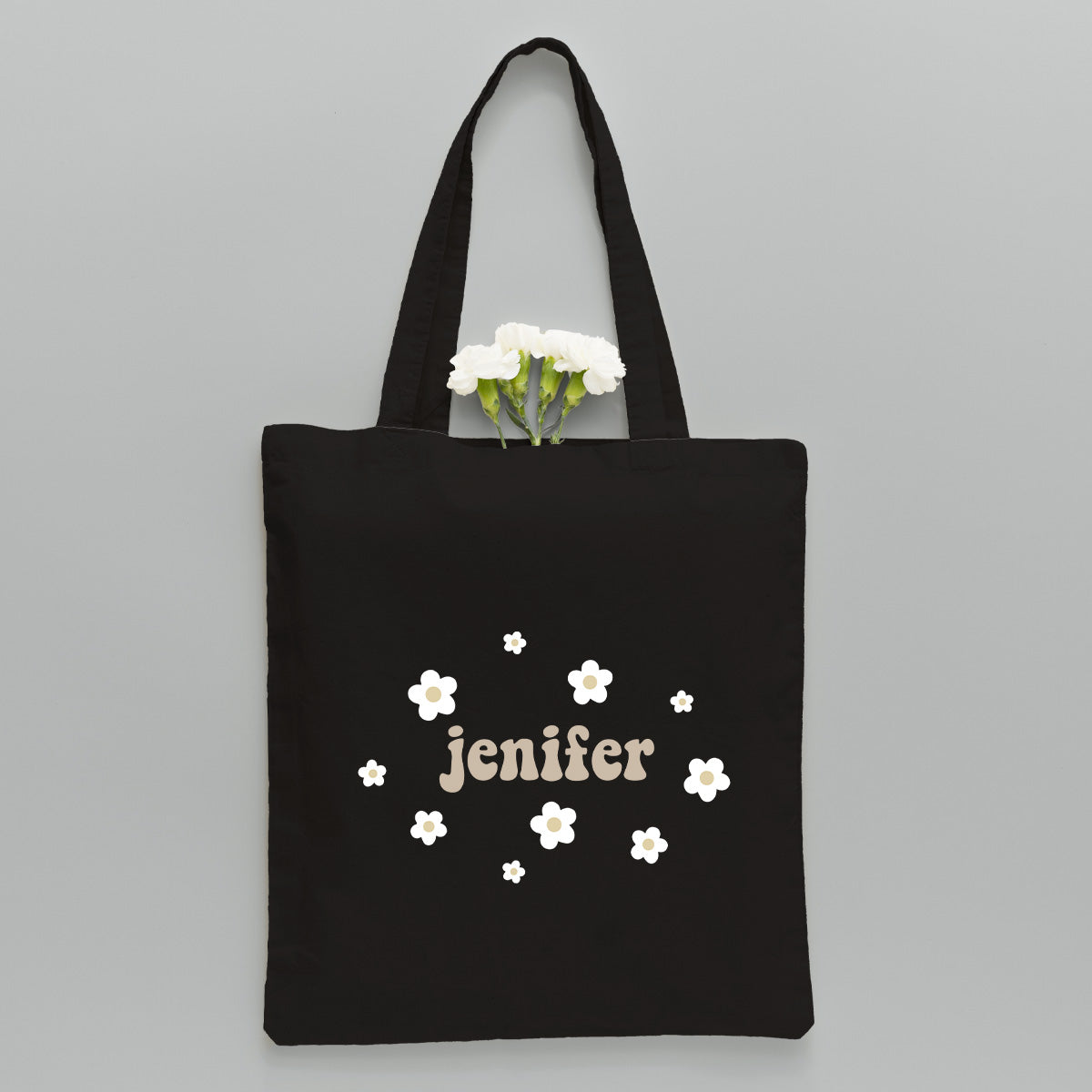Personalisierte Tragetasche mit Namensstickerei und Blume – Geschwister-Stickerei
