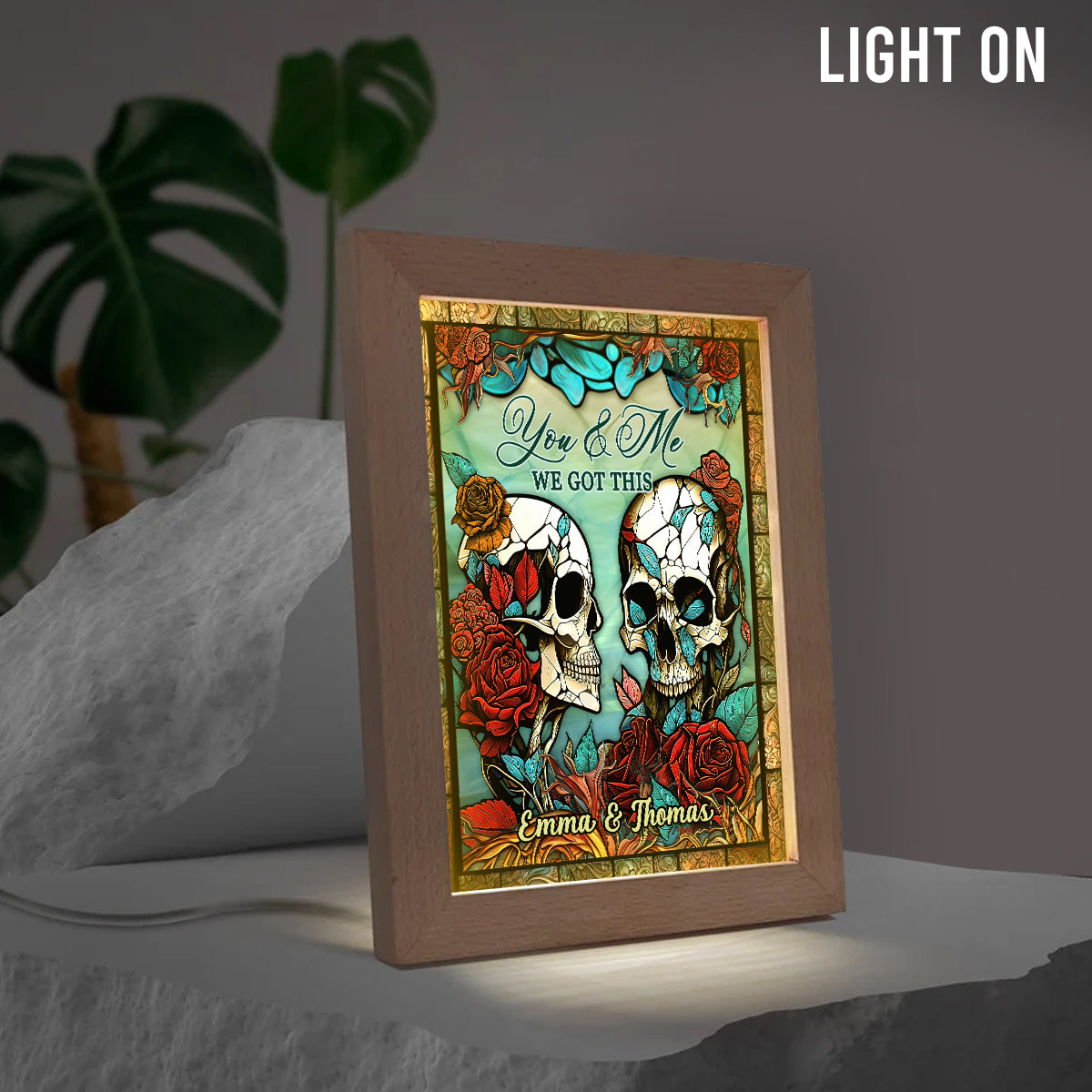 „Du & Ich, wir sind für euch da“ – personalisierter Fotorahmen mit Beleuchtung für Paare