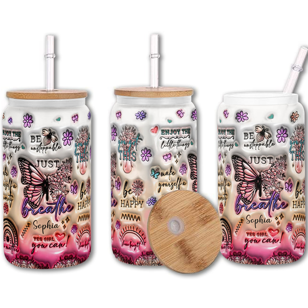 Positive Affirmations Butterfly - Personalized Butterfly Can Glass