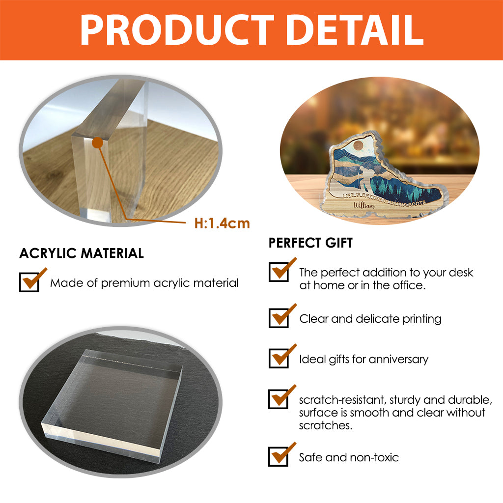 Das Leben ist besser in Wanderschuhen – personalisierte Acrylplakette in individueller Wanderform