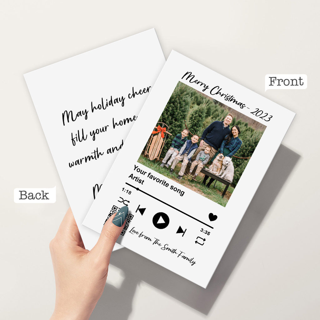 Foto eingefügt, Lieblingslied, scannbarer QR-Code – personalisierte Familiengrußkarte