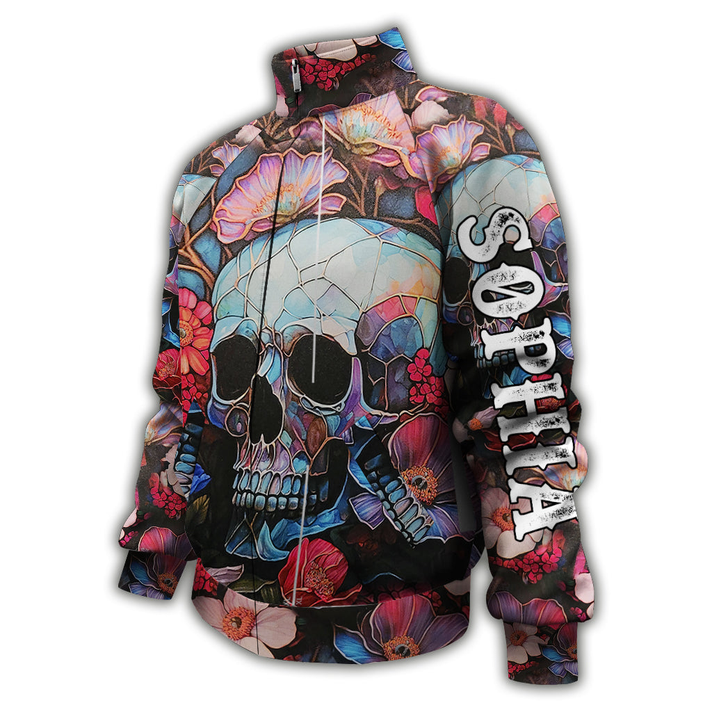Totenkopf mit Blumenmuster – Personalisierte Totenkopf-Reißverschlussjacke