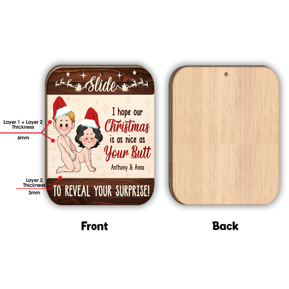 Ich hoffe, unser Weihnachtsfest wird so schön wie dein Hintern – personalisiertes zweilagiges Ornament für Paare