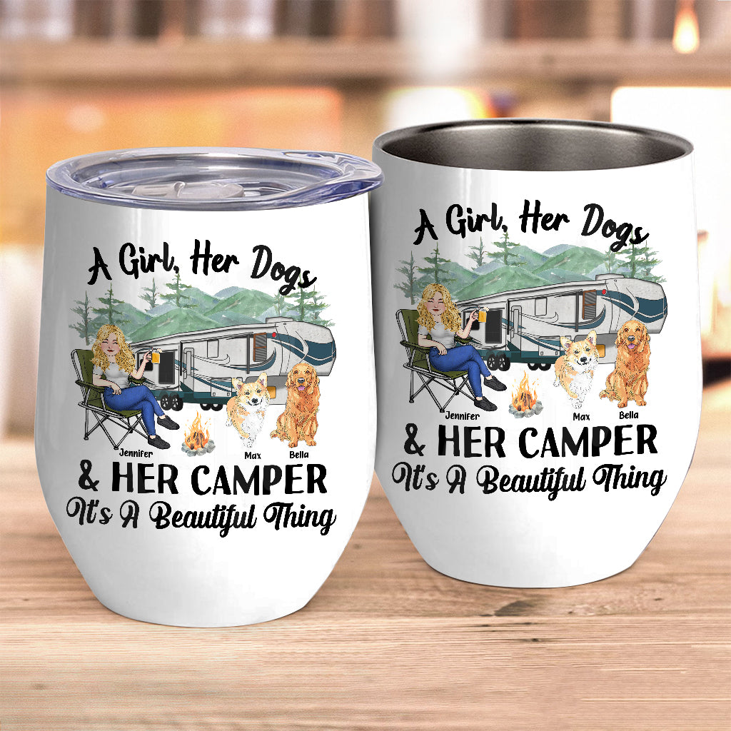A Girl Her Dog And Her Camper - Camping gift for dog lover - Personalized Wine Tumbler