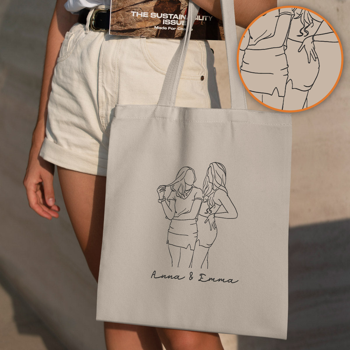 Individuelle Foto-Linienzeichnung – Personalisierte bestickte Tragetasche für die Enkelin