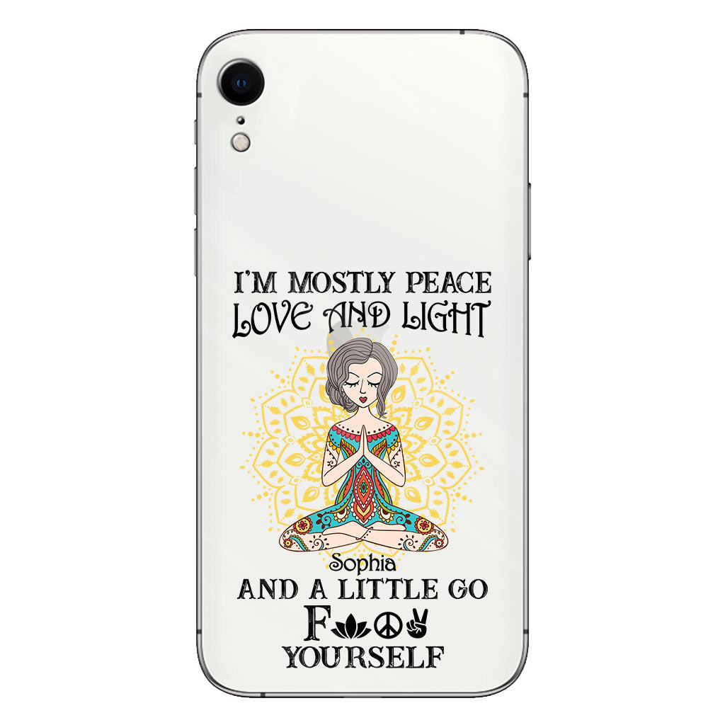 Ich bin vor allem Frieden, Liebe und Licht – Personalisierte Yoga-Handyhülle aus transparentem Material